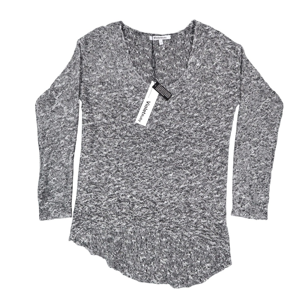 VioletRuby Women S New Marled Knit V-Neck Asymmetrical Hem Sweater Black White